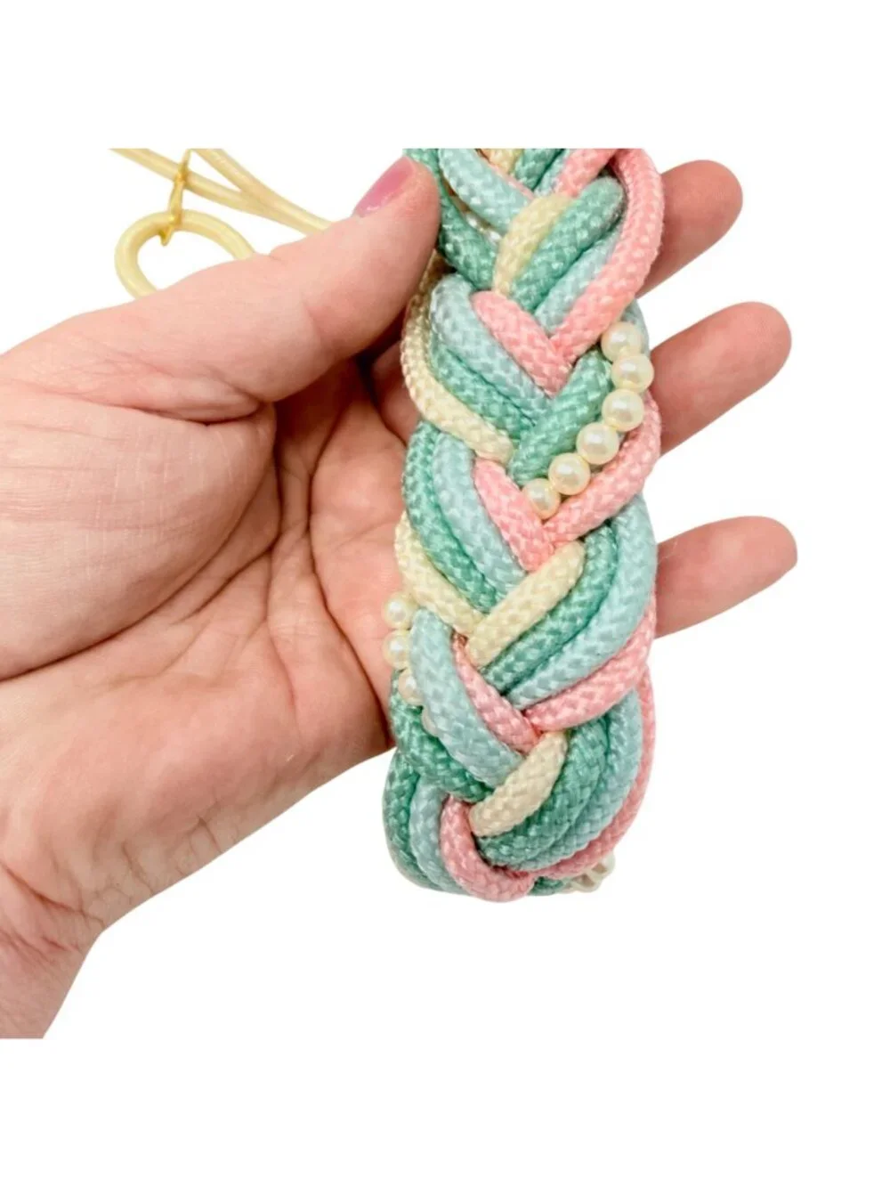 Vintage Pastel Braided Stretch Belt Cream Beaded Pearl Nylon Womens 1980s‎
